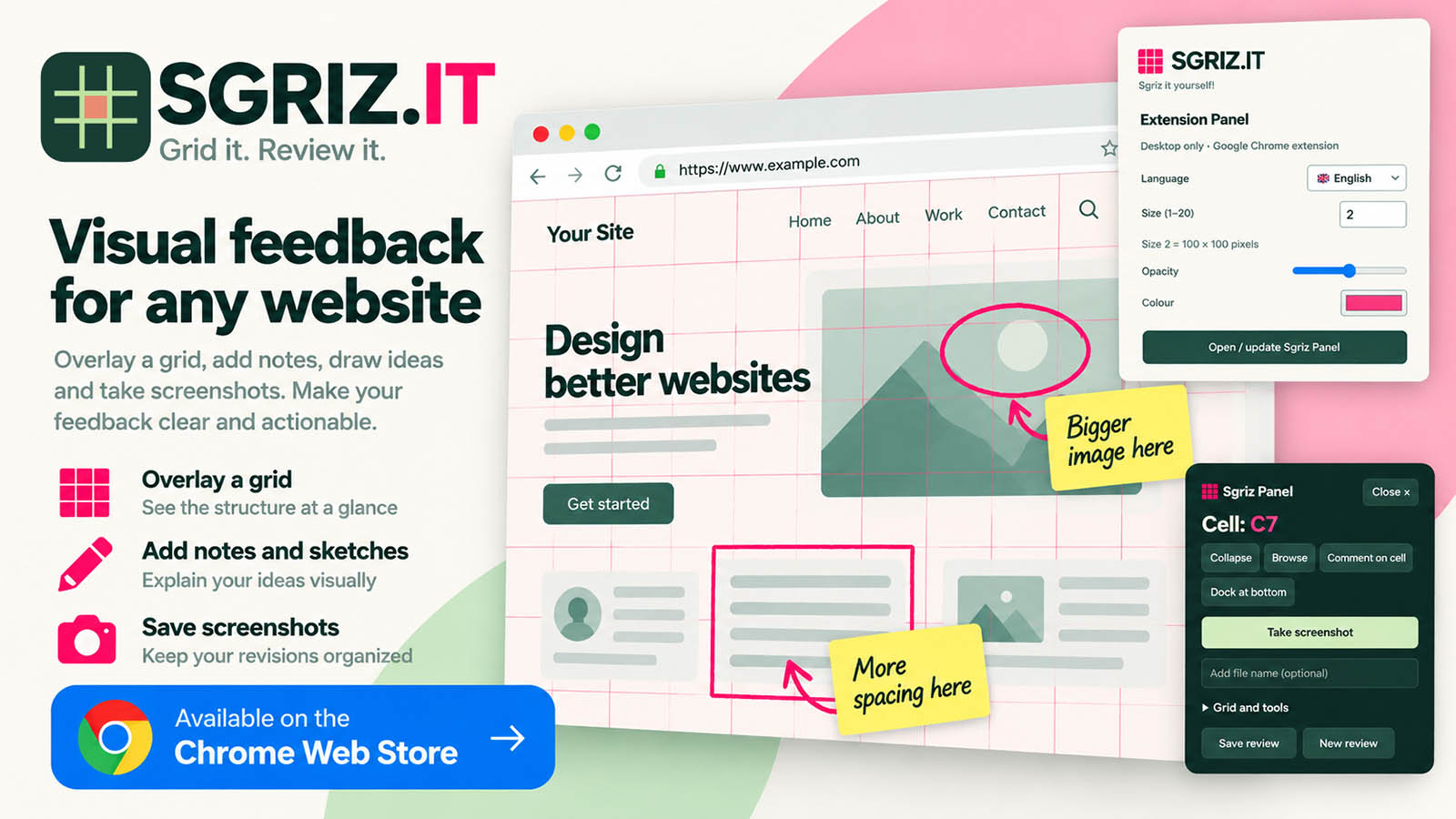 SGRIZ.IT: grids, notes, drawings and screenshots for visual website feedback. Open the Chrome Web Store.